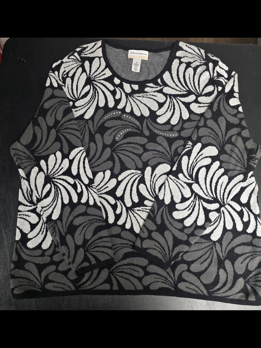 Alfred Dunner Vintage Style Ombre Scroll Sweater 2X Black White Geometric Knit